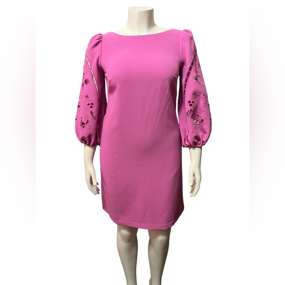 NWT Vince Camuto Sz 10 Boat Neck 3/4 Laser-Cut Puff Sleeve Crepe Sheath Dress - Picture 3 of 10